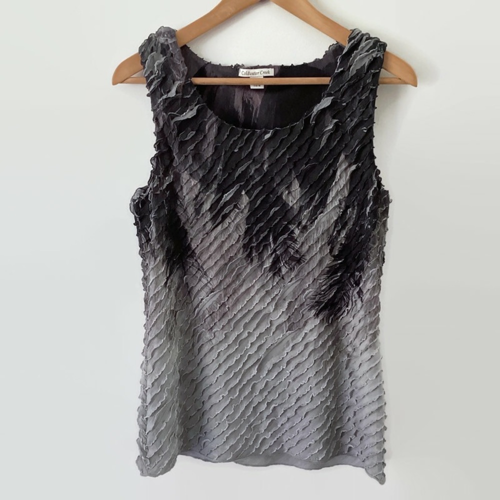 Coldwater Creek Tank Top Womens 6-8 Gray Black Ombré Ruffles Feathers